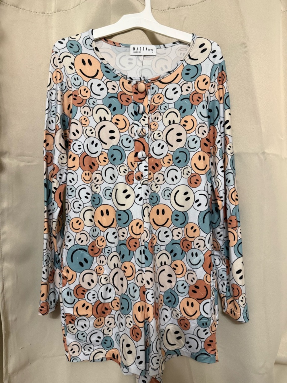 Mason Grey Women’s Long-Sleeve Smile Print Pajama Top - Blue/Peach